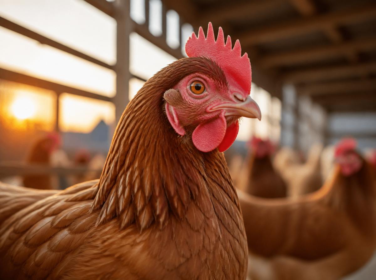 Healthy heritage hen in a modern barn at dawn